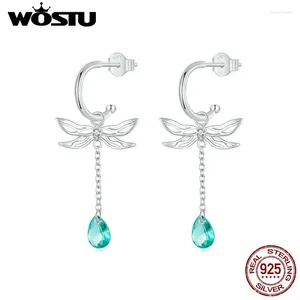 Dingle örhängen wostu 925 Sterling Silver Dragonfly Tassel for Women Drop Green Cz Long Link Earring Pendientes Party SMEEE sack Accessory