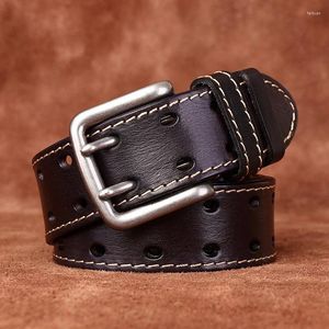 Belts Retro Fashionable Personalized Trendy Versatile Top Layer Cowhide Double Needle Buckle Belt Men's Genuine Leather Jeans Bel