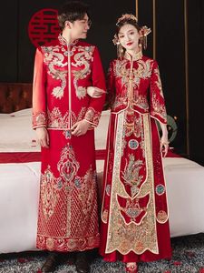 Ethnic Clothing Women Dragon Phoenix Sequins Embroidery Chinese Wedding Dress Bridal Toast Xiuhe Traditional Hanfu Cheongsams Tang Suit 231212