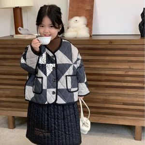 Jaquetas estilo coreano outono inverno bebê meninas casacos preto xadrez com decote em v único breasted cardigans da criança com bolsos