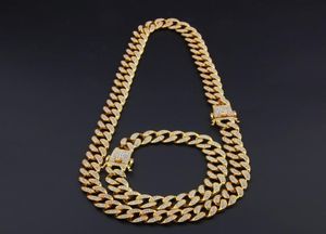 13 mm Miami Cuban Link Łańcuch Złota Srebrna Naszyjka Zestaw Bransoletki Zestaw Kryształowy Rhinestone Bling Hip Hop dla Men8205328