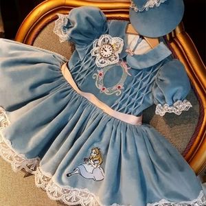 Conjuntos de roupas 0 12y bebê menina outono inverno azul veludo alice bordado vintage princesa vestido de baile vestido para natal eid aniversário causal 231212