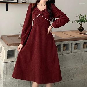 Casual Dresses Korean Loose Long Sleeve Ladies Black Red Autumn Winter Thicken Corduroy A-Line Dress for Women Mid-Calf Vestidos