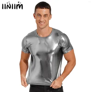 Camisas masculinas roupas em torno do pescoço brilhante cor sólida camiseta topos brilhante metálico manga curta pólo dança festa rave festival outfit