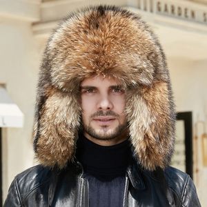 Trapper Hats Women Mens Fashion Winter Real Raccoon Fur Trooper Hat Autentic With Sheep Leather Visor Luxury Cap 231213