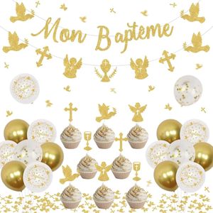 Other Event Party Supplies Funmemoir Baptism Decoration Mon Banner Angel Cross Balloons Cupcake Toppers for Boy Girl Christening 231213