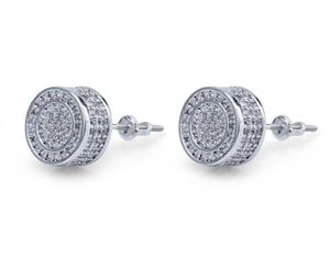 925 Sterling Srebrny lodowany CZ Premium Diamond Cluster Zirconia Okrągły śrubowe kolczyki dla mężczyzn biżuteria Hip Hop 327 Q25768714