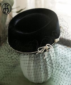 Stingy Brim Hats FS Black Hat With Veil Pillbox Weddings Fascinator Elegant Pearl French Beret Mesh Women Fedora Cocktail Party6796615