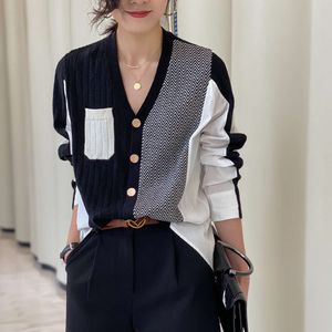 European Station 2022 Autumn Contrast Loose Shirt Splicing Lazy Fashion Knitted Cardigan Women's First Hand Supply