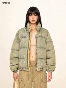 Women's Down SMFK Cowboy Garden Jakcets Vintage Worn Thicken Warm Parkas Winter Jacquard Denim Cotton Padded Casual Puffer Coat