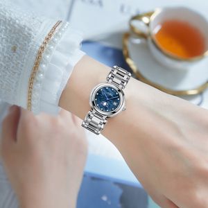 LUZ LUZURO HIGH APARCIEIRA Nível de diamante feminino relógio de aço simples cinto de aço impermeável Womens watch star Moon Blue Disc Quartz Watch Calendário