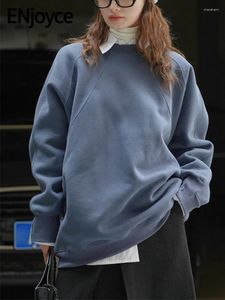 Women's Hoodies ENjoyce 2023 Winter Women Vintage Blue Inner Plush Sweatshirts Korean Fashion Warm Thick Loose Pullovers Tops Streetwear