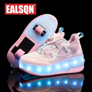 Boots Children Two Girls Wheels Luminous Glowing Sneakers Heels Pink Led Light Roller Skate Shoes Kids USB Charging 231214