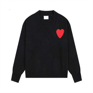 Amis Кардиган Amisweater Pull Fashion Мужские дизайнерские Amishirts Вязаный свитер с вышивкой в виде сердца Сплошной цвет Love v-образным вырезом с длинным рукавом Вязаный джемпер Франция Ww97