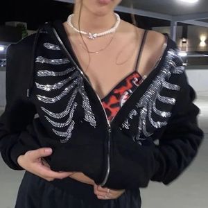 Jaquetas femininas y2k diamante esqueleto hoodie gótico moletom zíper retro harajuku roupas de rua outono e inverno 231214