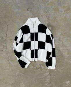 Cole Buxton black white checkered sweater jacket Checkerboard Bi-directional Zipper Stand Neck Sweater Coat Cotton Knitted Sweater Male Sweaters SMLXL