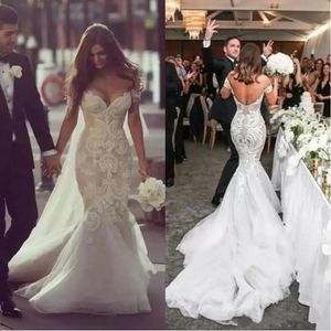 Steven Khalil Dubai Vestidos de casamento árabe fora do ombro Sweep Train frisado pérolas sem costas rendas vestidos de noiva sereia vestido de casamento