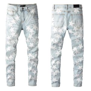 Mens Jeans For Guys Knee Ripped Slim Fit Skinny Pants Star Patches Wearing Biker Denim Stretch Motorcycle Male Fit Trendy Long Straight Zipp