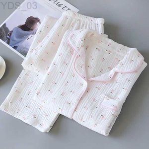 Sleep Lounge Spring And Fall Full Sleeve Homewear Loose 2Pcs Pajama Set 100% Gauze Cotton Casual Print Sleeping Shirt Home Wearzln231214