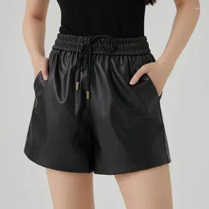 Женские шорты с эластичным ремешком на талии, черные винтажные широкие короткие брюки из искусственной кожи, женские свободные повседневные мини-брюки трапециевидной формы