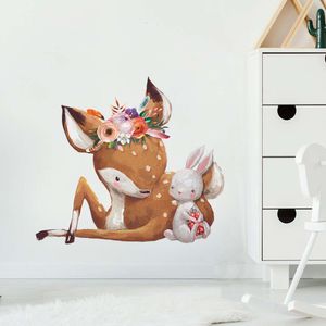 Watercolor Cute Deer and Bunny Rabbit Friends Wall Stickers Baby Nursery Room Wall Decal Furniture Decorative Stickers Mural PVC