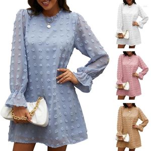 Casual Dresses Women Puff Long Sleeve Ruffle Round Neck Midi Dress Elegant For Swiss Dot Solid Color Loose Flared Tunic Dropship