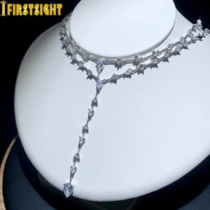 Chokers Iced Out CZ Tear Drop Stone Pendant Necklace Round Cubic Zirconia Layer Choker Long Y Lariat Sexy Women Jewelry 231214