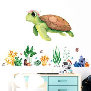 Adesivo de parede estilo aquarela tartaruga marinha verde para quarto de crianças decalques de parede decorativos murais papel de parede subaquático