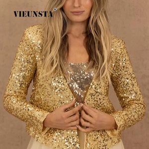 Jaquetas femininas Mulheres Moda Shinny Gold Lantejoula Jaqueta Vintage Simples Manga Longa Cardigan Curto Casaco Casual Moda Senhora Blazer Streetwear 231213