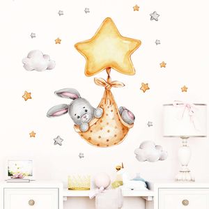 Watercolor Baby Bunny on the Swaddle Gold Stars Wall Stickers for Kids Room Baby Nursery Room Wall Decals Home Decoration Decor