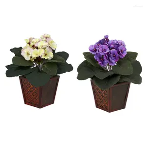 Decorative Flowers 10" Plastic African Violet Artificial Plant With Vase (Set Of 2) Purple