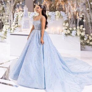 PROM PROMES BLUE SURES 2024 Square Scyk Paski Kryształowa koralika bez rękawów koronkowe wieczorne sukienki Formalne suknie Robe de Soiree Custom Made