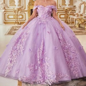 Lavendel glänsande bollklänning quinceanera klänningar 2024 3DFLOWERS Applique Beading Sweet 15 16 Dress Corset Vestidos de 15 Anos