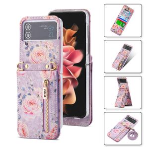 Capa de couro com bolsa crossbody com padrão rosa para Samsung Galaxy Z Flip 5 4 3 5G Flip4 Flip5 Capa tipo carteira com suporte para cartão de crédito com alça e cordão