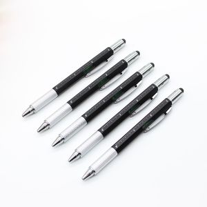 Plastkulspet Pen 6 i 1 verktygsskruvmejsel Ruler Spiritnivå Multifunktion Pekskärm Stylus penna ut dörrverktyg