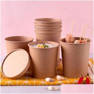 Disposable Take Out Containers Soup Cups Paper Containers Kraft Food Disposable Go To Bowls Ice Cream Cup Lids Compostable Recyclable Dha8O