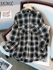 Damenblusen Hemden UCXQ Big Size Weave Blend Shirt Frauen Langarm Schwarz Weiß Plaid Lose Mode Outwears Bluse 2023 Herbst Winter Neu 23A5831 YQ231214