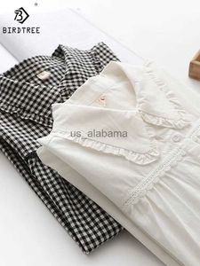 Kadınlar bluz gömlekleri yeni sonbahar pamuk beyaz gömlekler kadın dantel ekose üstleri kız uzun kolu peter pan yaka fırfırlar gevşek bluzlar bahar t39327qm yq231214