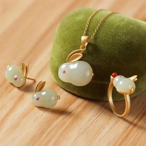 Earrings & Necklace Creative Pendant Hetian Jade Stone Gold Ring Charm Stud Women's Wedding Birthday Gift Jewelry Sets279J