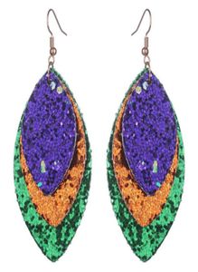 Dangle Chandelier Layered Gold Purple Green Glitter Leather Marquise Earrings For Women Mardi Gras Carnival Jewelry Gifts Wholes5452477