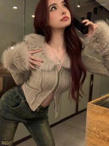 Men's T Shirts Short Long-sleeved Knitted Women's Blouse Fur Collar Splicing Personality Chic Atmosphere Slim Sexy Sweater V-neck Cardigan