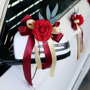 Flores decorativas yan kit de decoração de carro de casamento vinho vermelho artificial rosa fita arco para maçaneta da porta da frente ornamento decoração suprimentos
