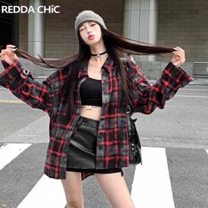 Women's Blouses Shirts REDDACHiC Red Plaid Women's Shirt Jacket Boyfriend Style Oversized Casual Autumn Long Sleeves Top Y2k Vintage Hip-hop Streetwear YQ231214