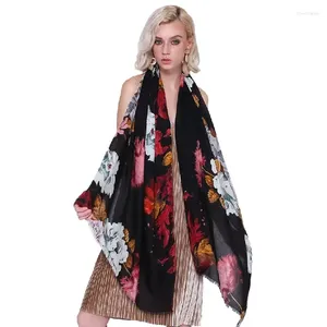 Harvor Satin Peony Flower Mönster Scarf Wrap Women Winter Botton Cotton Linen Neck 90 180 Hijab Shawl Turban Head