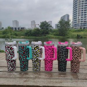 40oz tumbler designer tumblers leopard milk design stainless steel with Logo handle lid straw beer mug water bottle outdoor camping cup