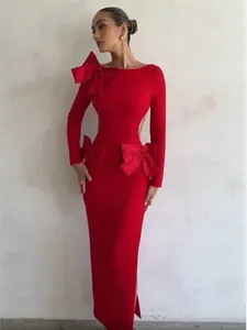 Casual Dresses Fashion Bow Hollow Out Women Red Maxi Dress Elegant O-neck Long Sleeve Split Bodycon Female Chic Christmas Party Robes