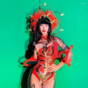 Scene Wear Nightclub Bar Gogo Dance Outfit Chinese Style Red Bodysuit Jazz Performance Costume Festival Rave Clothing VDB4788