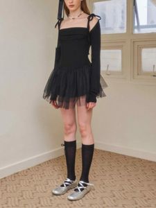 Party Dresses Korobov Ballet-style Halter Top Short Girl Spring/summer Mesh Lace Up High Waisted Puffy Little Black Dress