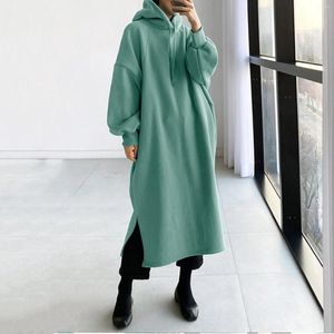 Casual Dresses Übergroßer Hoodie für Frauen 2023 Unregelmäßiger Saum Polyester Weiblicher Kordelzug Kapuzenpullover Maxi Solides langes Kleid