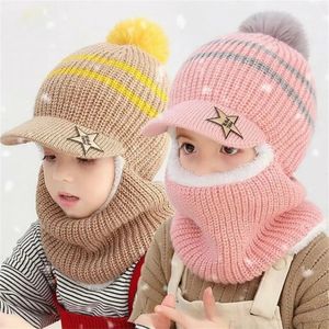 Caps Hats Winter Kids Plus Fleece Beanie Hats Thick Warm Knitted Balaclava Cap For Child Outdoor Girls Boys Face Cover Hairball Bib Mask 231214